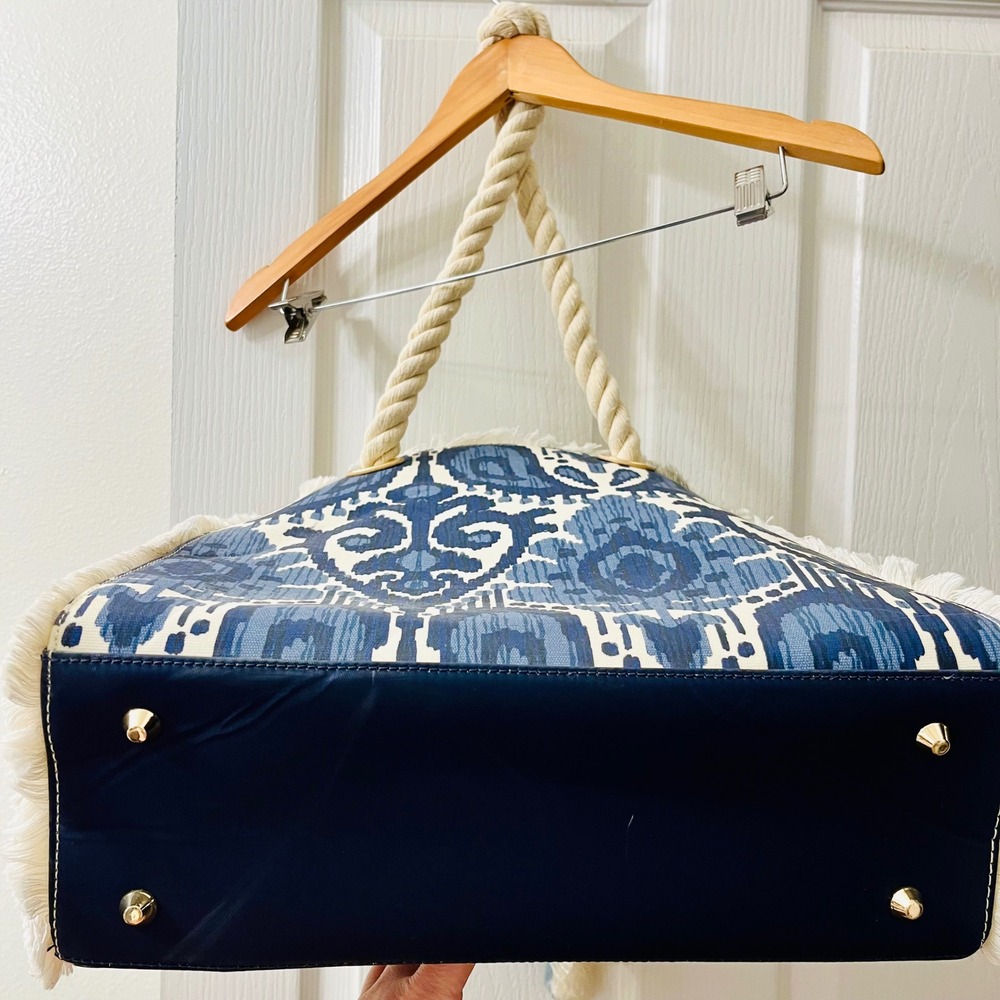 Spartina 449 Moonglade Boho Beach Tote Blue White Ikat Fringe 960675 Rope Straps - Picture 10 of 14